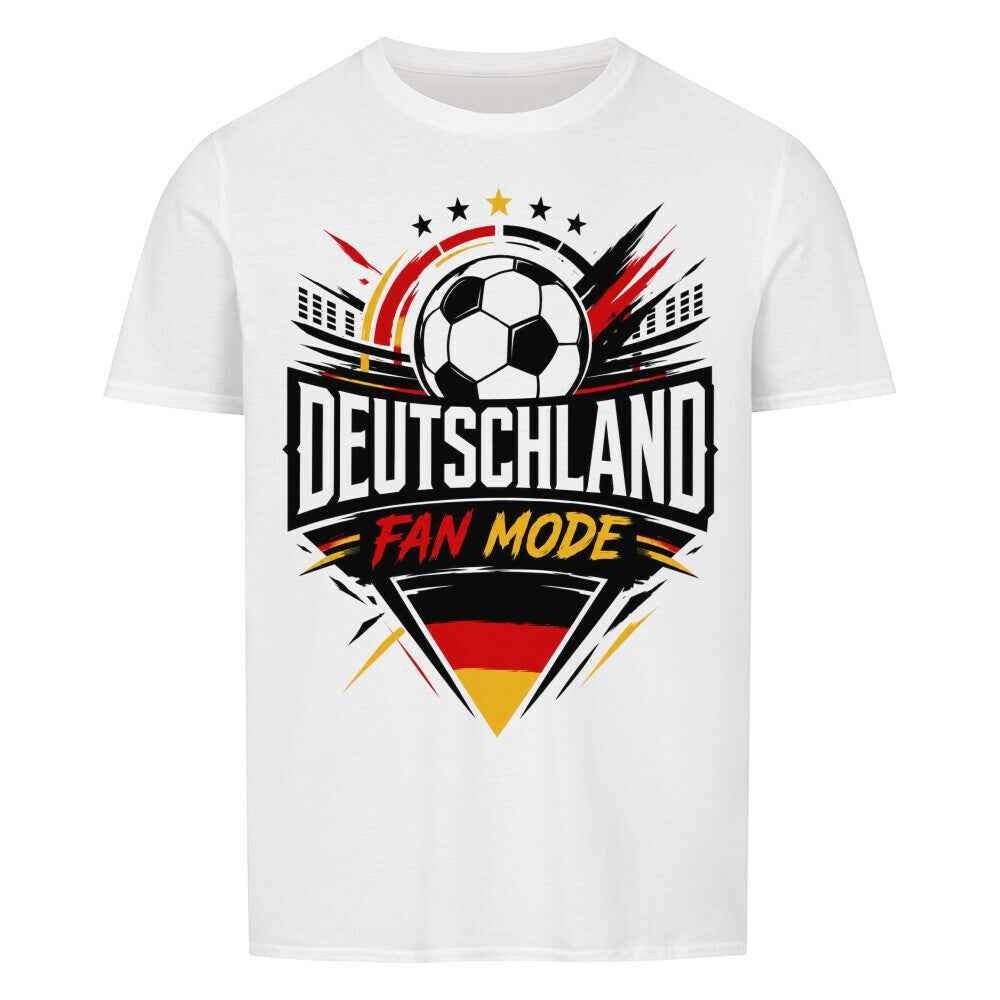 Shirtyseven weißes Baumwoll-T-Shirt mit Deutschland Fan Mode WM 2026 Fußball-Design in Schwarz-Rot-Gold.