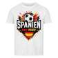 Shirtyseven weißes Bio-Baumwoll-T-Shirt mit "Spanien Fan Mode"-Aufdruck, Fußball und spanischer Flagge