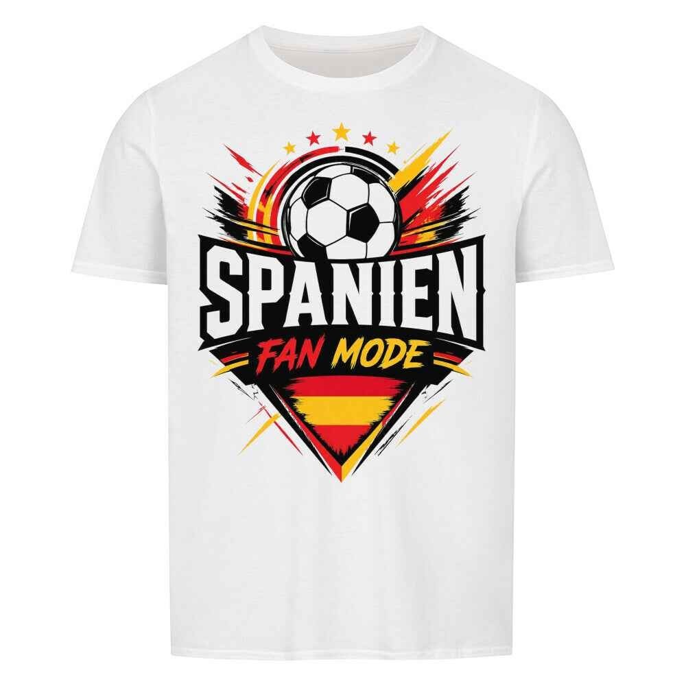 Shirtyseven weißes Bio-Baumwoll-T-Shirt mit "Spanien Fan Mode"-Aufdruck, Fußball und spanischer Flagge