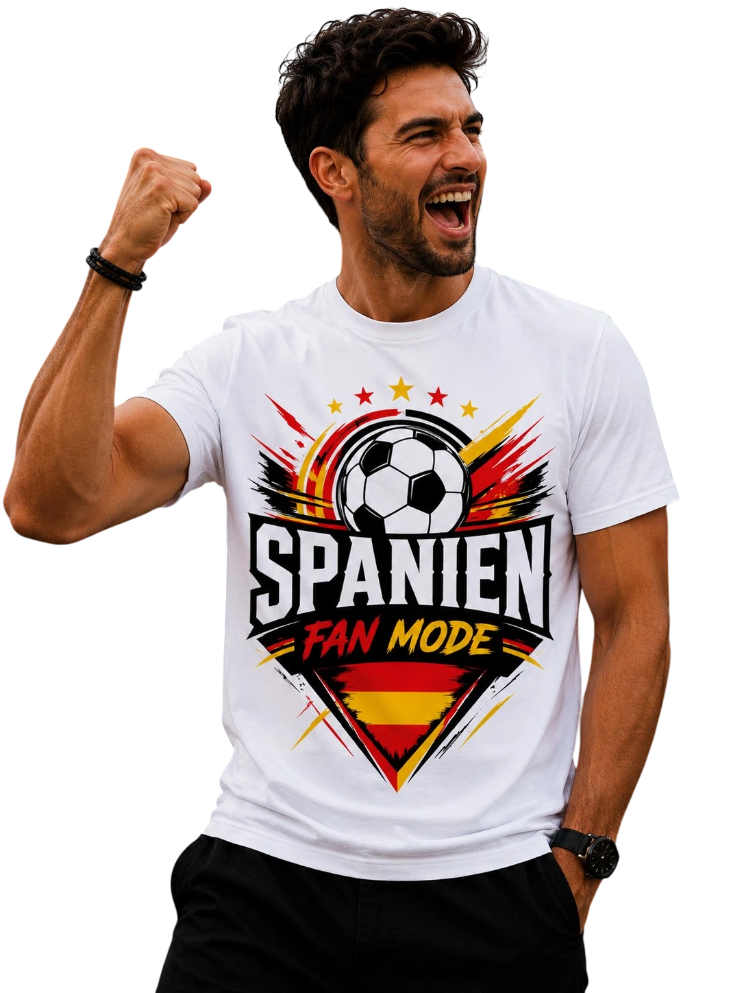 Shirtyseven weißes Bio-Baumwoll-T-Shirt mit "Spanien Fan Mode" Fußball-Design und spanischer Flagge