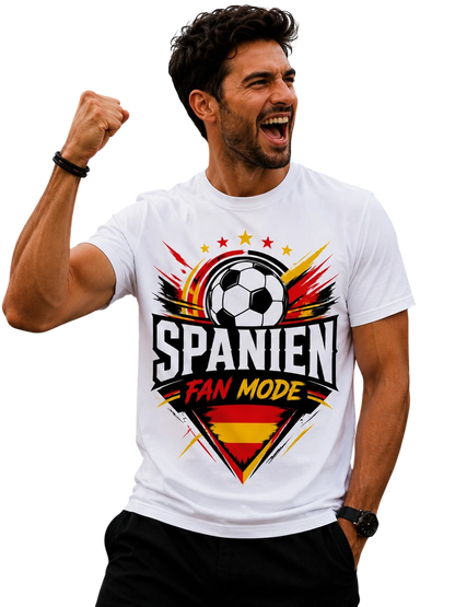 Shirtyseven weißes Bio-Baumwoll-T-Shirt mit "Spanien Fan Mode" Fußball-Design und spanischer Flagge